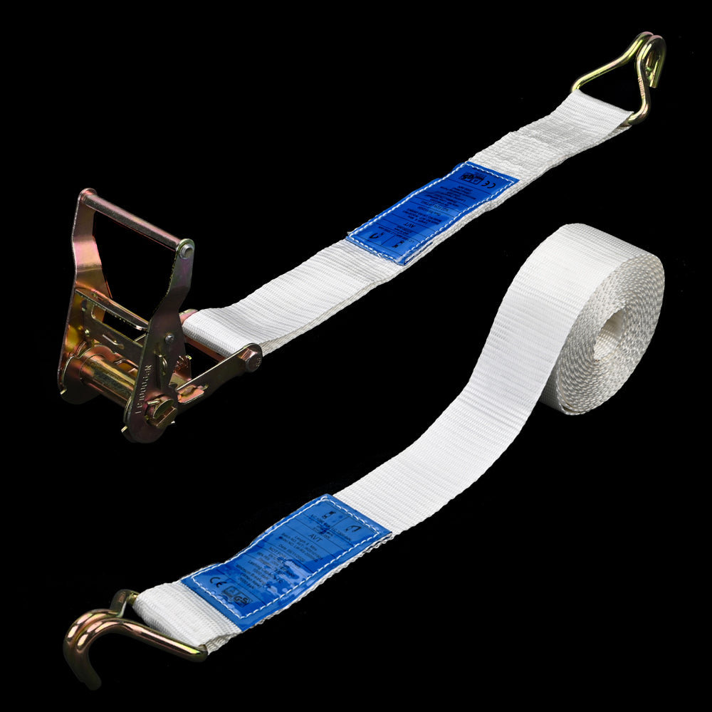 2000kg x 4m Ratchet Strap with J-Hooks – White 50mm