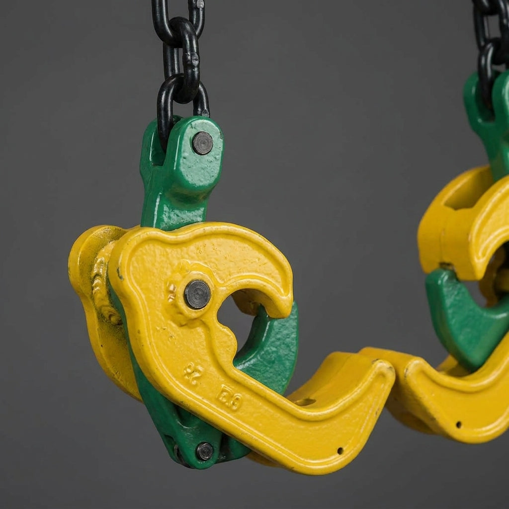 ABLE VDLI 1000kg double-leg chain drum lifter with yellow master ring and green self-gripping drum clamps