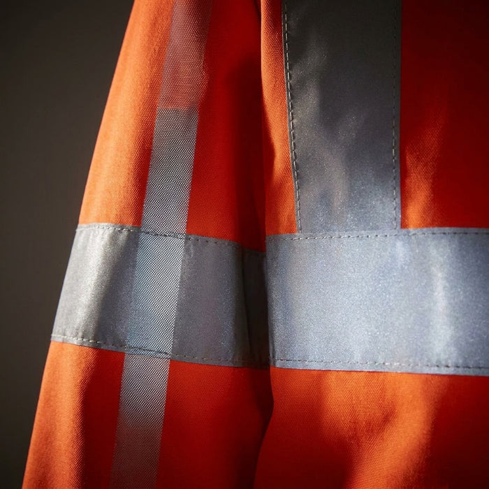 Fluorescent orange EN471 Class 3 high-visibility road safety parka jacket with silver reflective tape on chest, back and sleeves