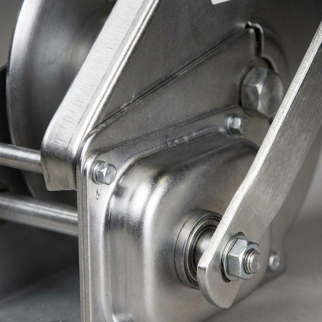 Able BHW-2600S stainless steel manual brake hand winch with spur gear drive and automatic load-pressure brake, shown mounted on a trailer at a marina