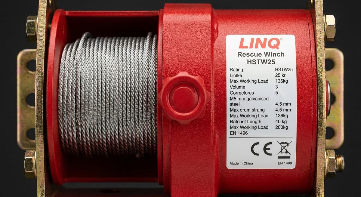 LINQ HSTW25 manual rescue winch with 25 m galvanised steel cable and red corrosion-resistant steel body, shown mounted to a tripod