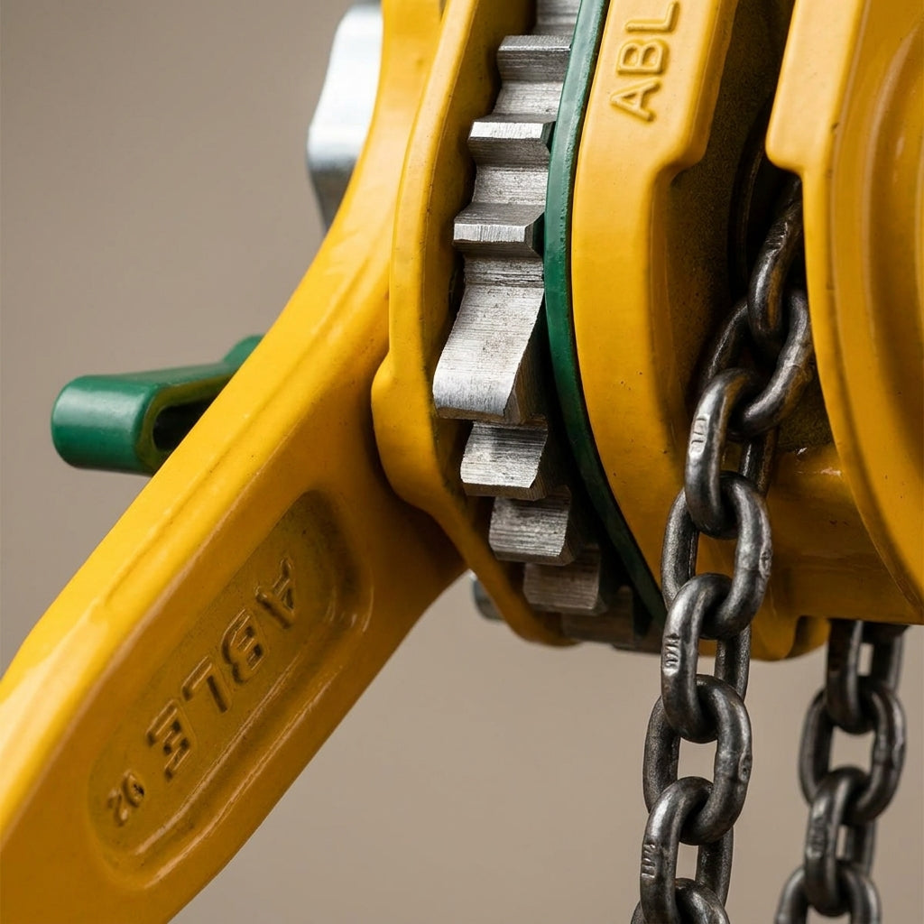 Able LB-II 500kg lever block hoist with 1.5m drop, yellow and green finish, Grade 80 chain and safety-latched hooks