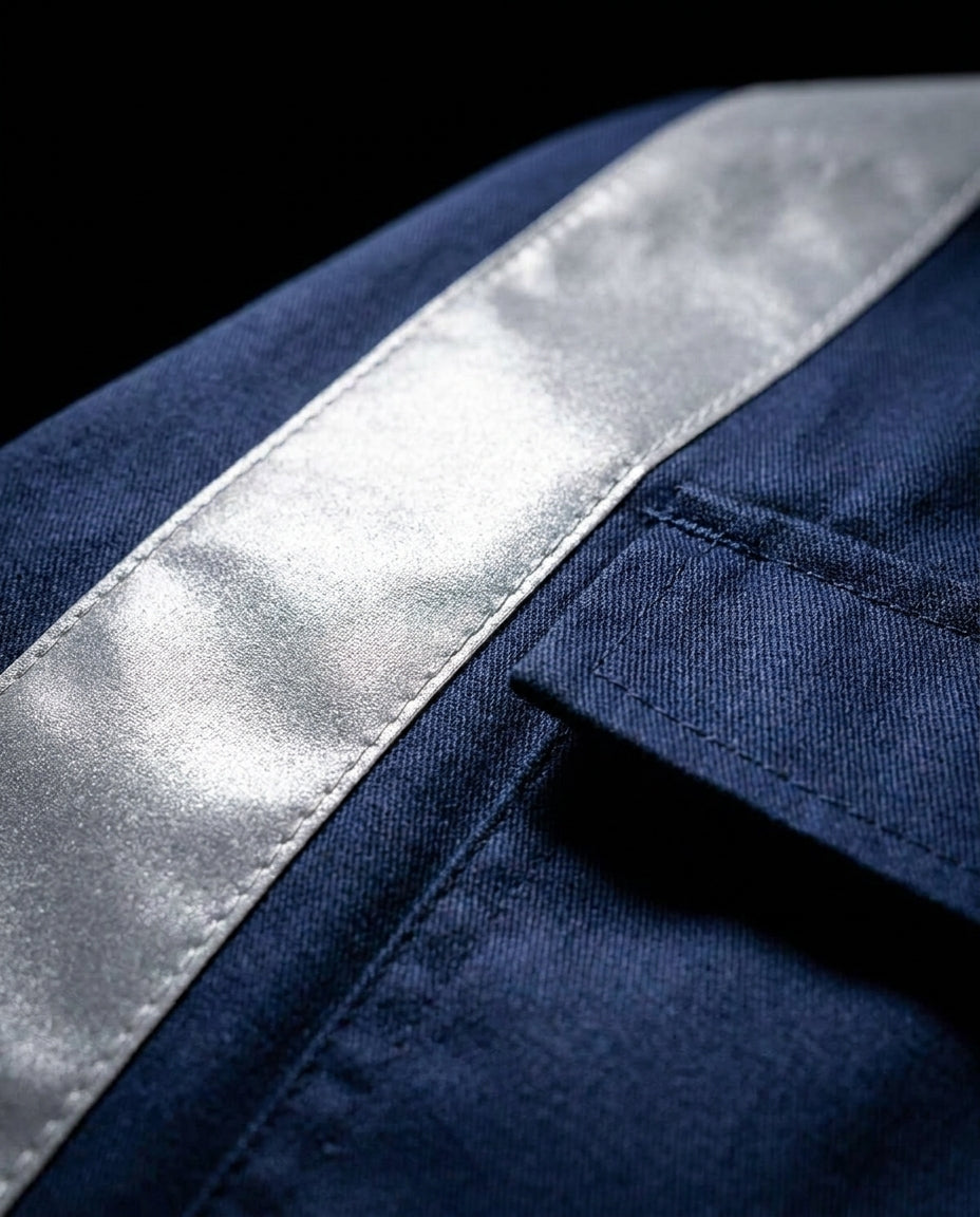 Navy Iona work coverall with hi-vis reflective tape on chest, arms and legs, shown front and back