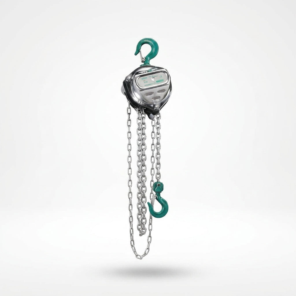 Ableforge CB250 250kg mini chain block hand hoist with green hooks and Grade 100 load chain, 3m drop