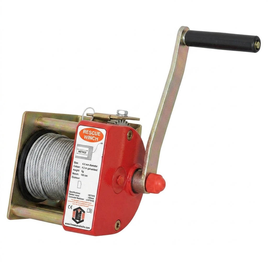 LINQ HSTW25 manual rescue winch with 25 m galvanised steel cable and red corrosion-resistant steel body, shown mounted to a tripod