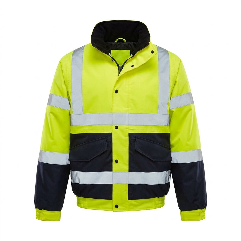 Hi-vis two-tone bomber jacket in yellow and navy with reflective tape strips, front zip and storm flap, shown front-on on a white background