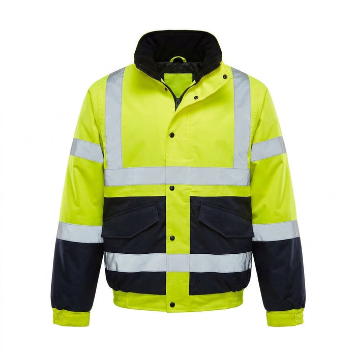 Hi-vis two-tone bomber jacket in yellow and navy with reflective tape strips, front zip and storm flap, shown front-on on a white background
