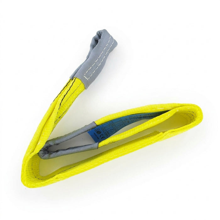 Yellow 3000kg duplex polyester webbing sling, 90mm wide, with grey reinforced becket eyes and CE certification label