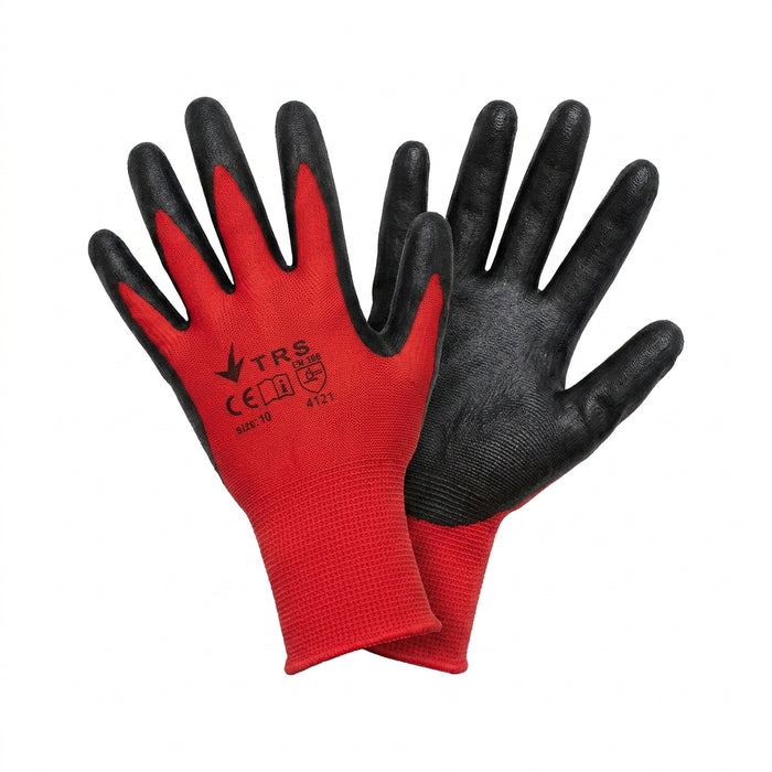 TRS red nitrile-coated work gloves showing textured black grip palm and knitted red nylon back, size 10