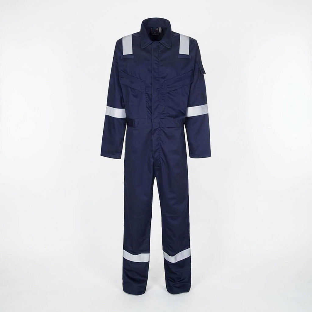 Navy Iona work coverall with hi-vis reflective tape on chest, arms and legs, shown front and back