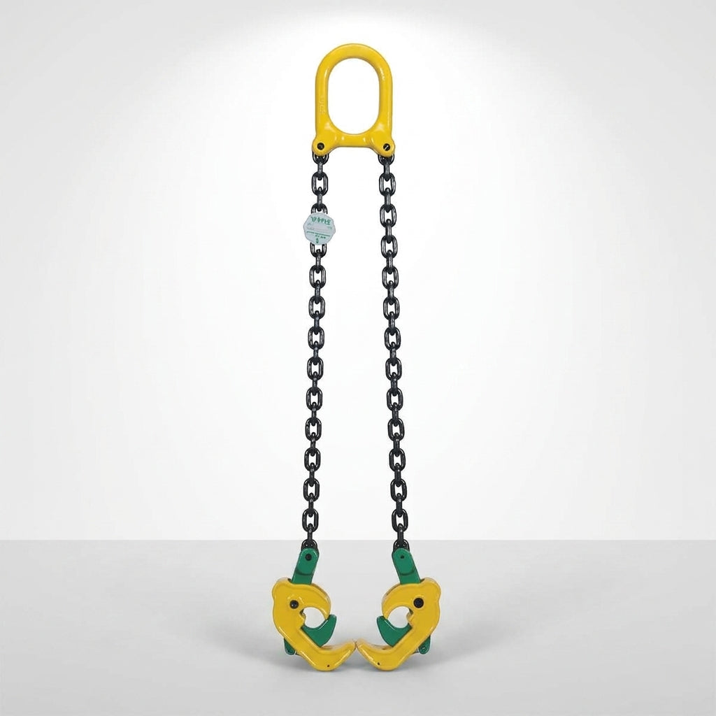 ABLE VDLI 1000kg double-leg chain drum lifter with yellow master ring and green self-gripping drum clamps