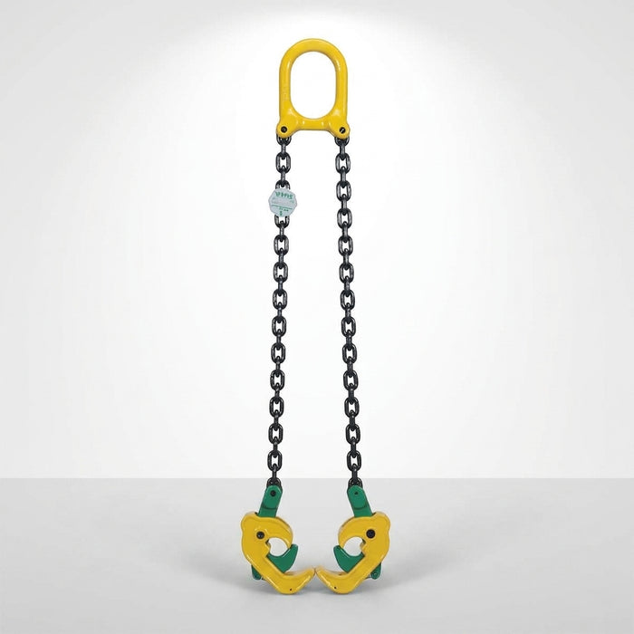 ABLE VDLI 1000kg double-leg chain drum lifter with yellow master ring and green self-gripping drum clamps