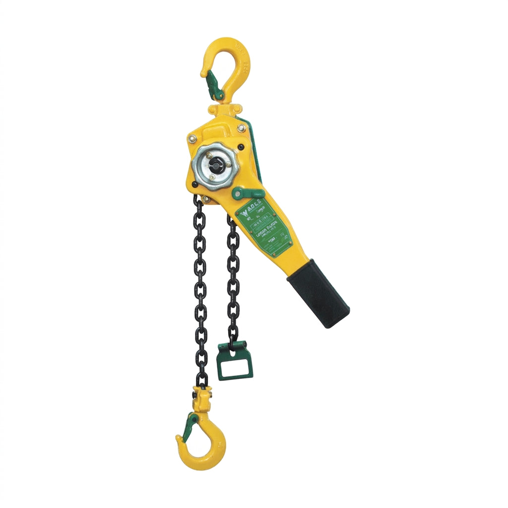 Able LB-II 500kg yellow and green lever block chain hoist with Grade 80 chain and safety-latched hooks