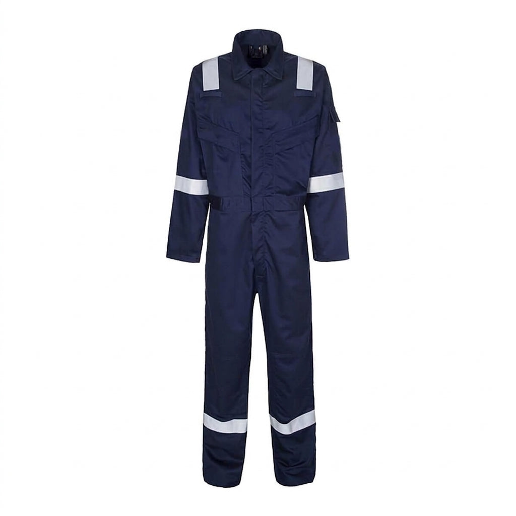 Navy Iona work coverall with hi-vis reflective tape on chest, arms and legs, shown front and back