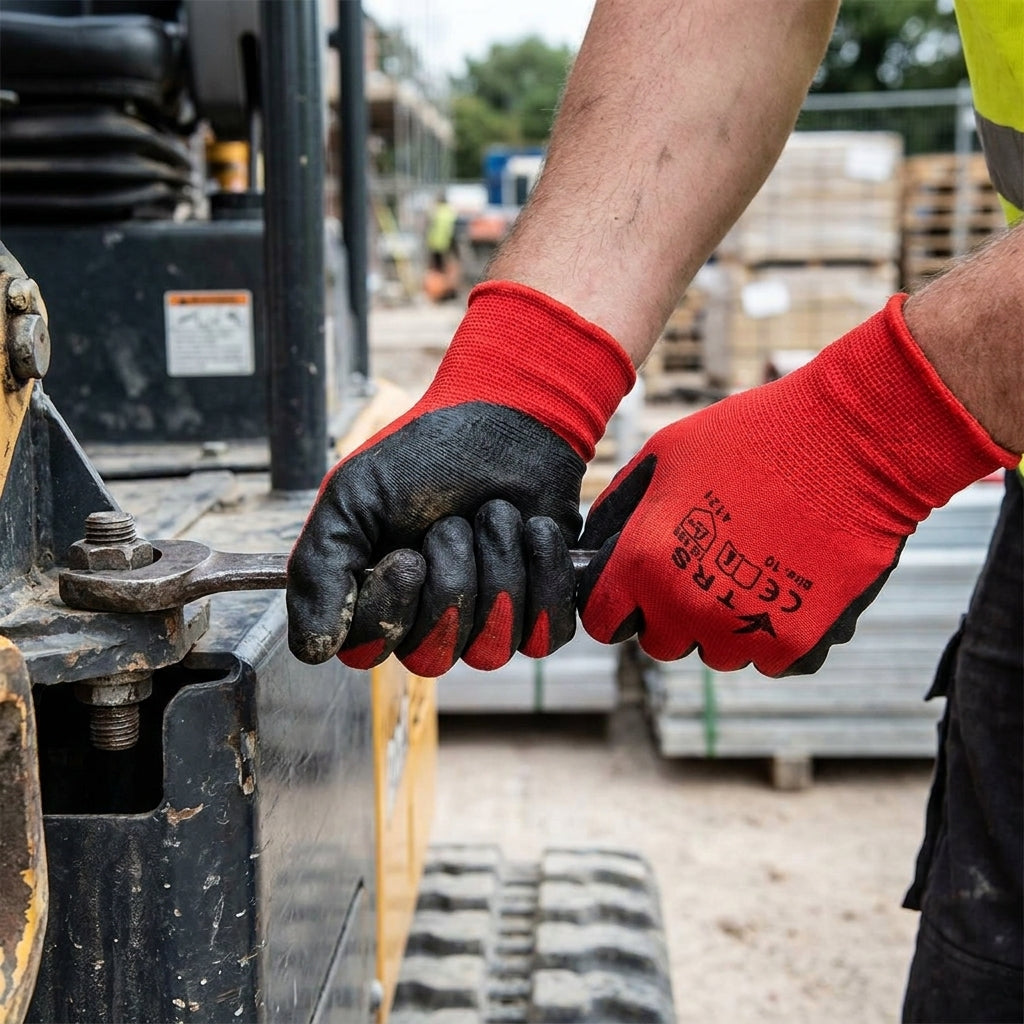 Red heavy-duty nitrile work gloves sold per pair