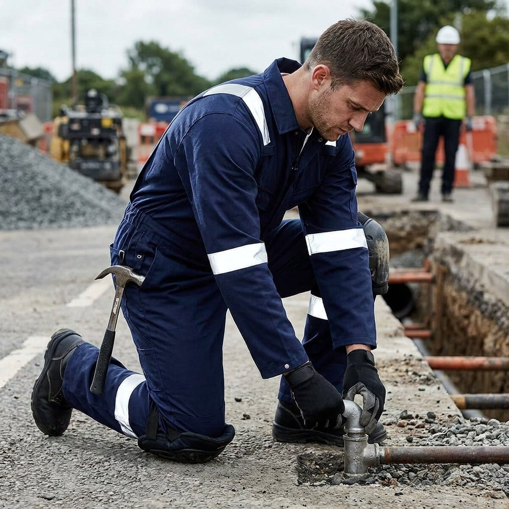 Navy Iona work coverall with hi-vis reflective tape on chest, arms and legs, shown front and back
