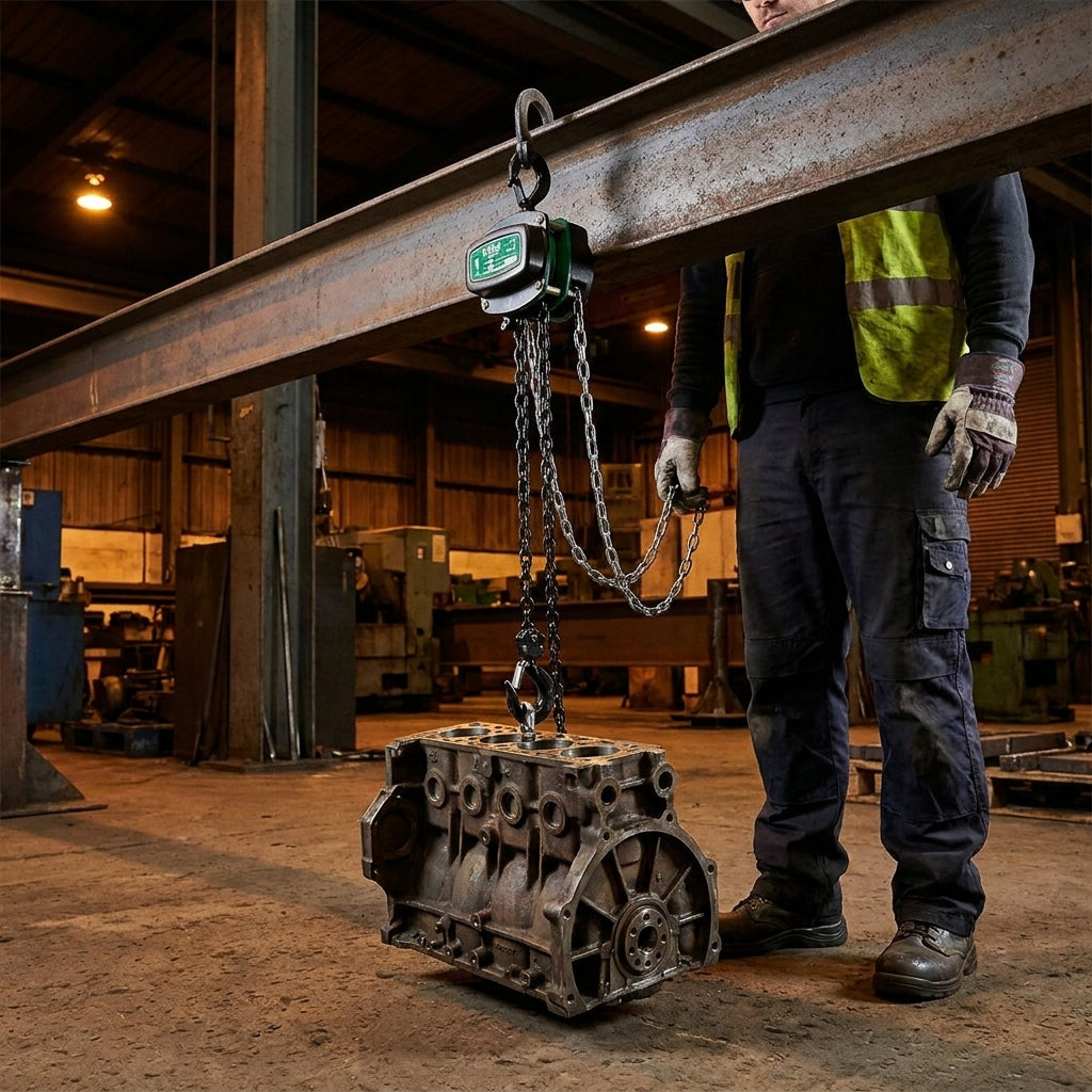 ABLE 500 kg manual chain block hoist with 6 m drop, Grade 80 load chain, forged safety hooks and double-pawl brake, shown in black and green