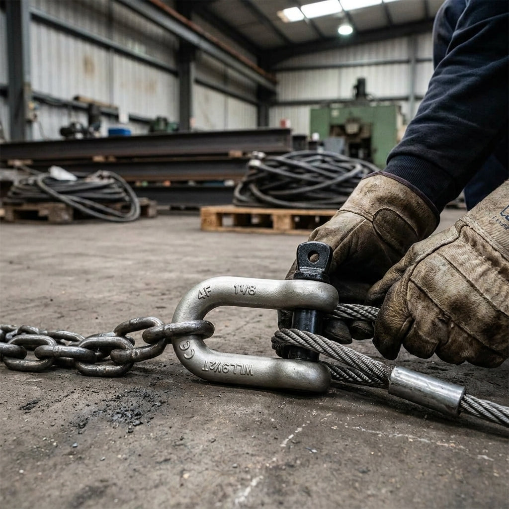 ABLE 13.5 tonne blue pin dee shackle with 1-3/8 inch pin, quenched and tempered, SKU SPD1313