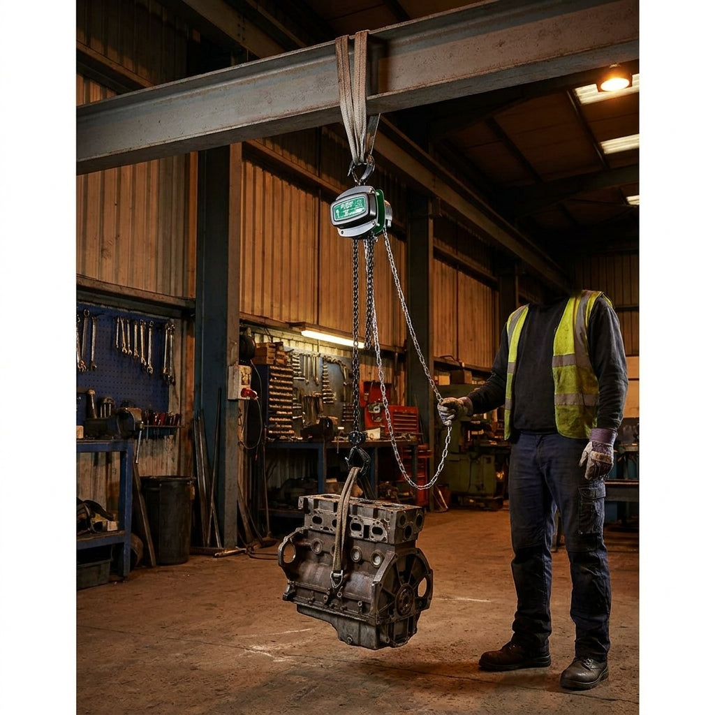 ABLE 500 kg manual chain block hoist with 6 m drop, Grade 80 load chain, forged safety hooks and double-pawl brake, shown in black and green