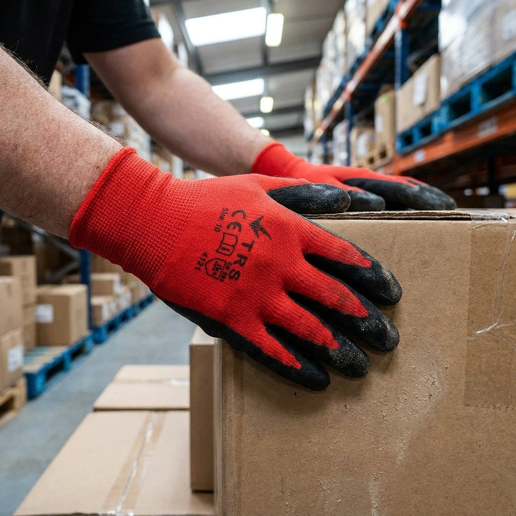 TRS red nitrile-coated work gloves showing textured black grip palm and knitted red nylon back, size 10
