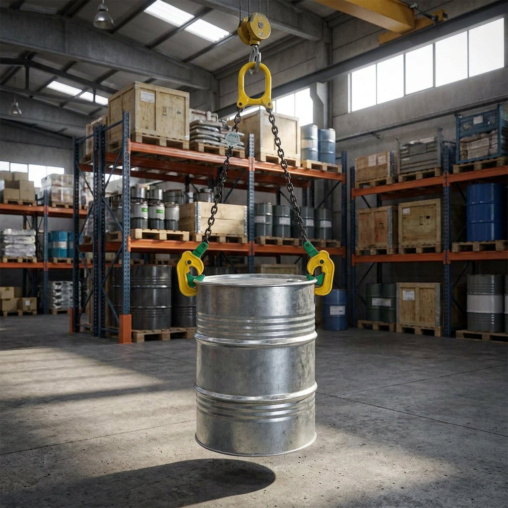 ABLE VDLI 1000kg double-leg chain drum lifter with yellow master ring and green self-gripping drum clamps