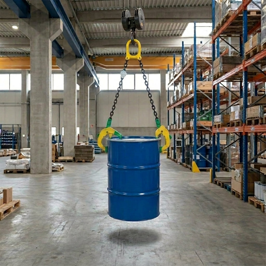 ABLE VDLI 1000kg double-leg chain drum lifter with yellow master ring and green self-gripping drum clamps