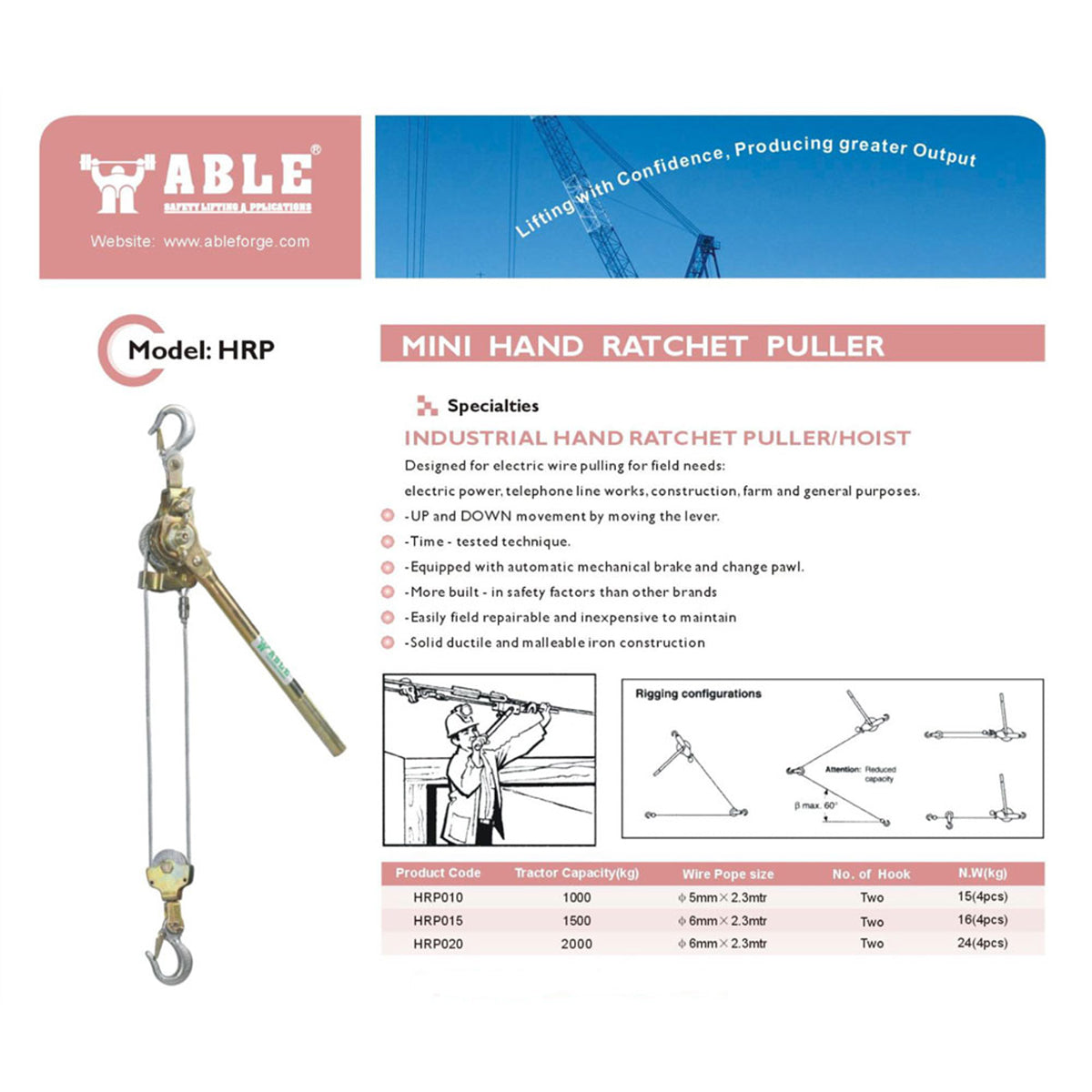 2000kg x 2.3m Mini Hand Ratchet Puller